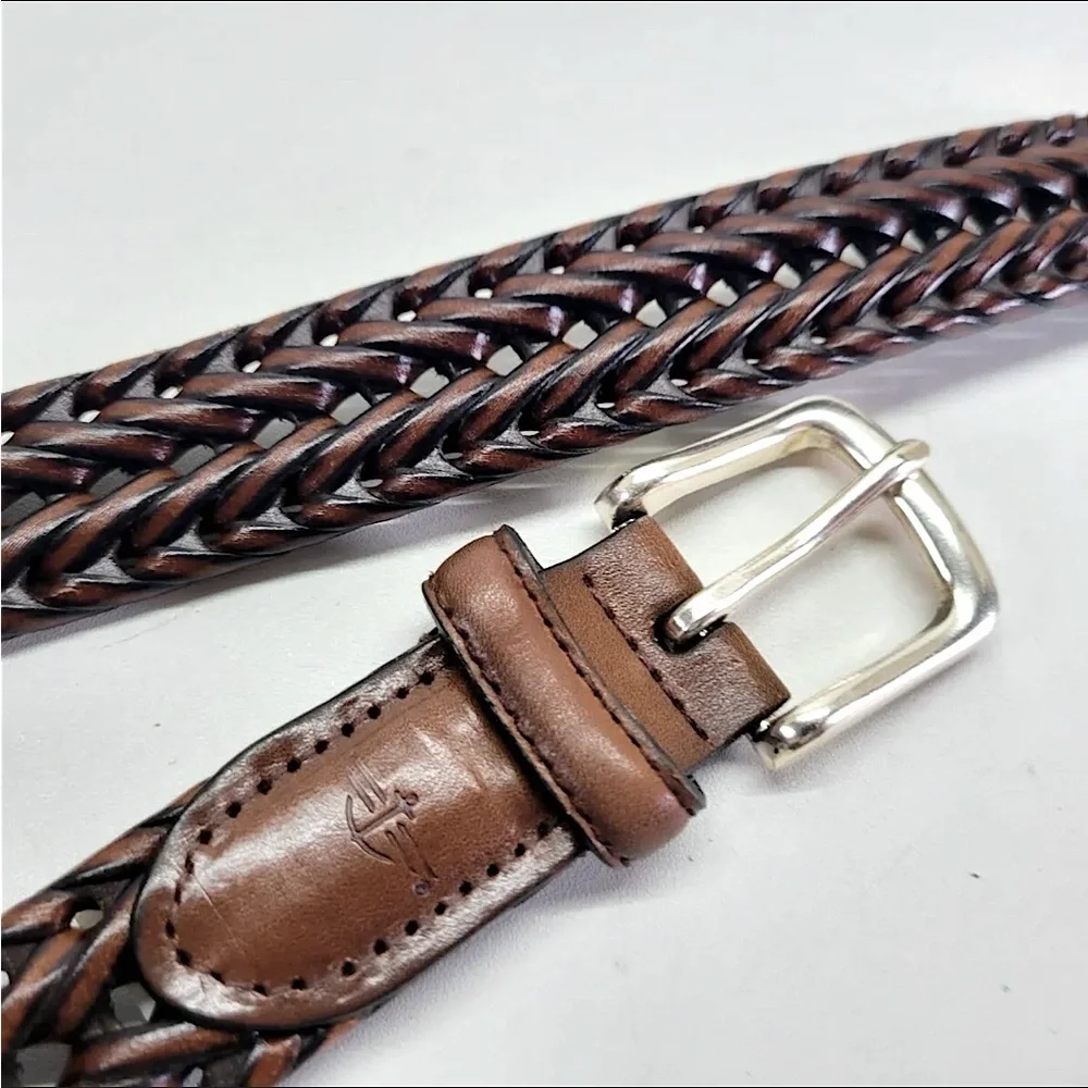 Dockers Brown Leather & PU Leather Woven Belt  38” L Adjustable Sz Silver Buckle